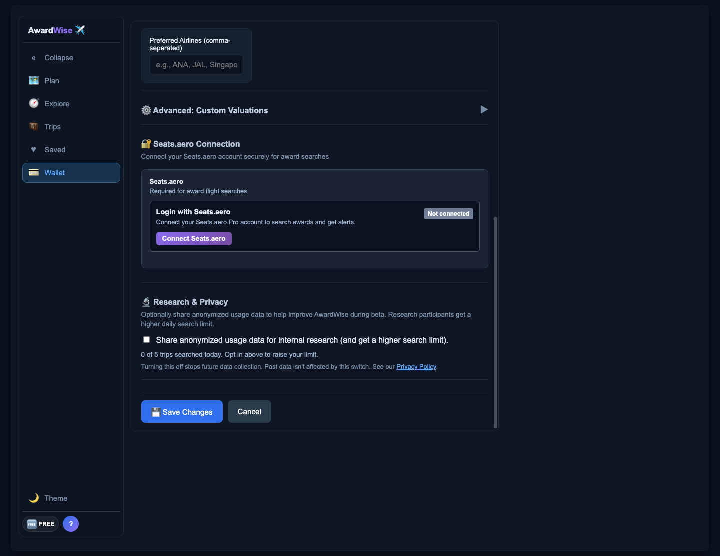 The Wallet's Seats.aero Connection section in the OAuth state: a Connect Seats.aero button, the note 'Connect your Seats.aero Pro account to search awards and get alerts', and a Not connected status badge. No API key field.
