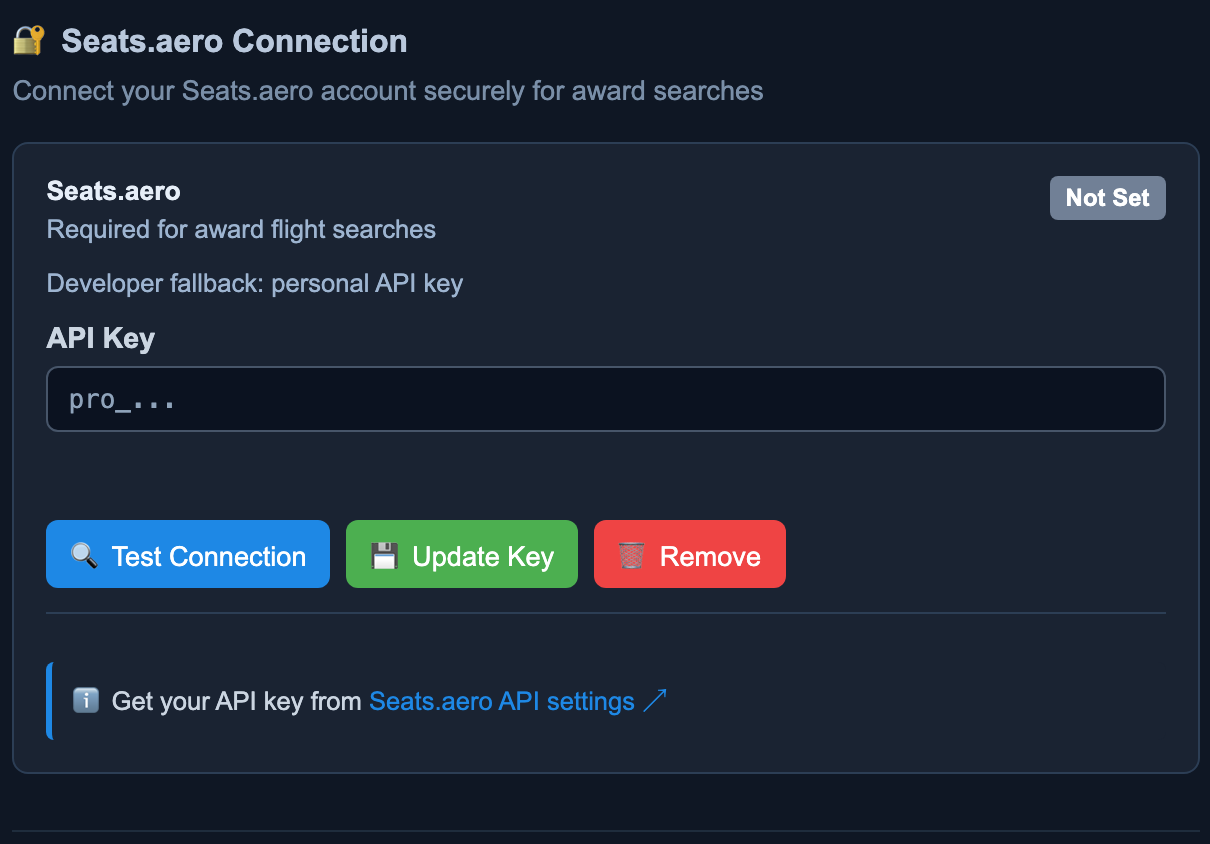 The Wallet's Seats.aero Connection section: an empty API Key field (placeholder pro_...), a Not Set status badge, Test Connection, Update Key, and Remove buttons, and a link to Seats.aero API settings.