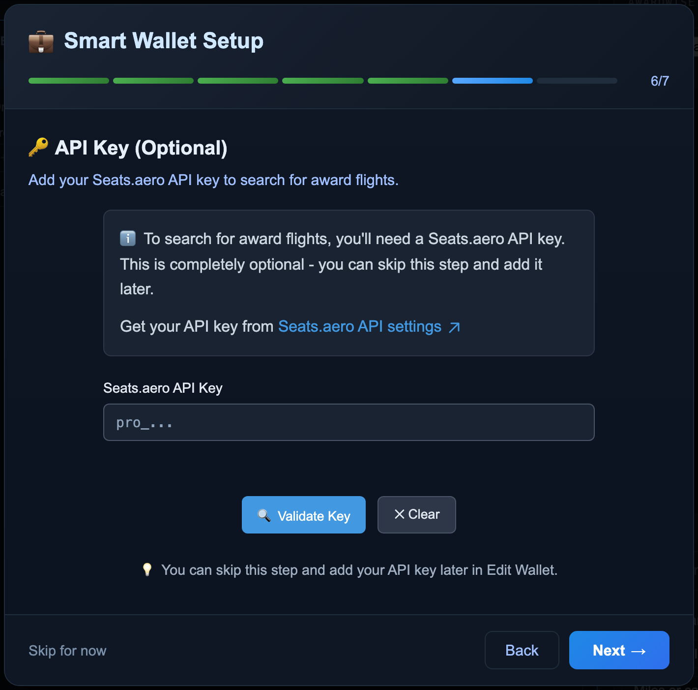 The Setup Wizard's step 6 of 7, titled API Key (Optional), with an empty Seats.aero API Key field (placeholder pro_...), a link to Seats.aero API settings, Validate Key and Clear buttons, and a note that the step can be skipped and the key added later in Edit Wallet.