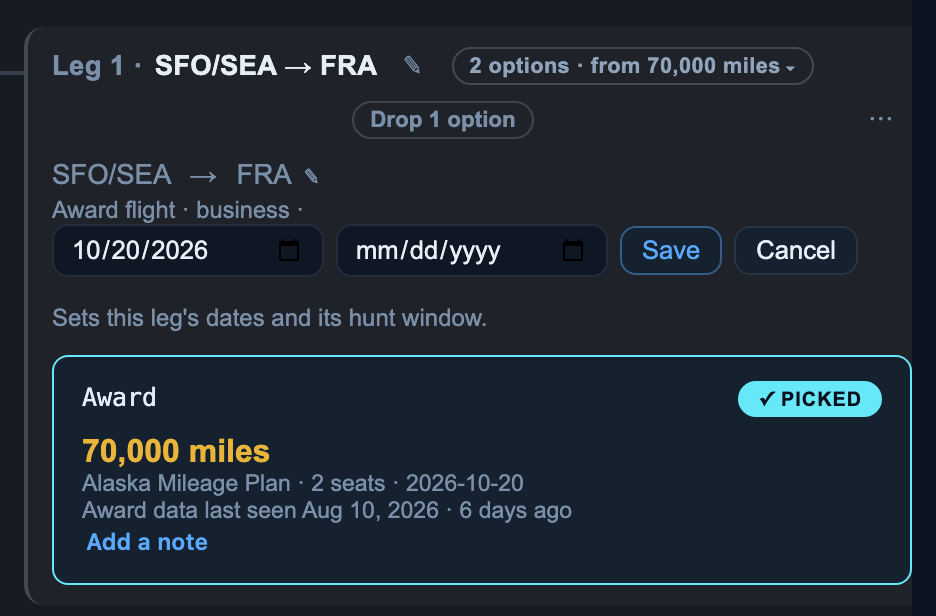 A leg's date line replaced by two date pickers with Save and Cancel, above the hint Sets this leg's dates and its hunt window.